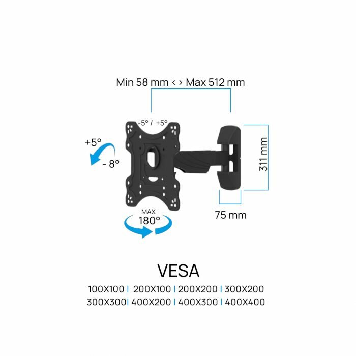 Cavus WME101 full motion muursteun met enkele arm voor 23 - 55 inch TV - specificaties